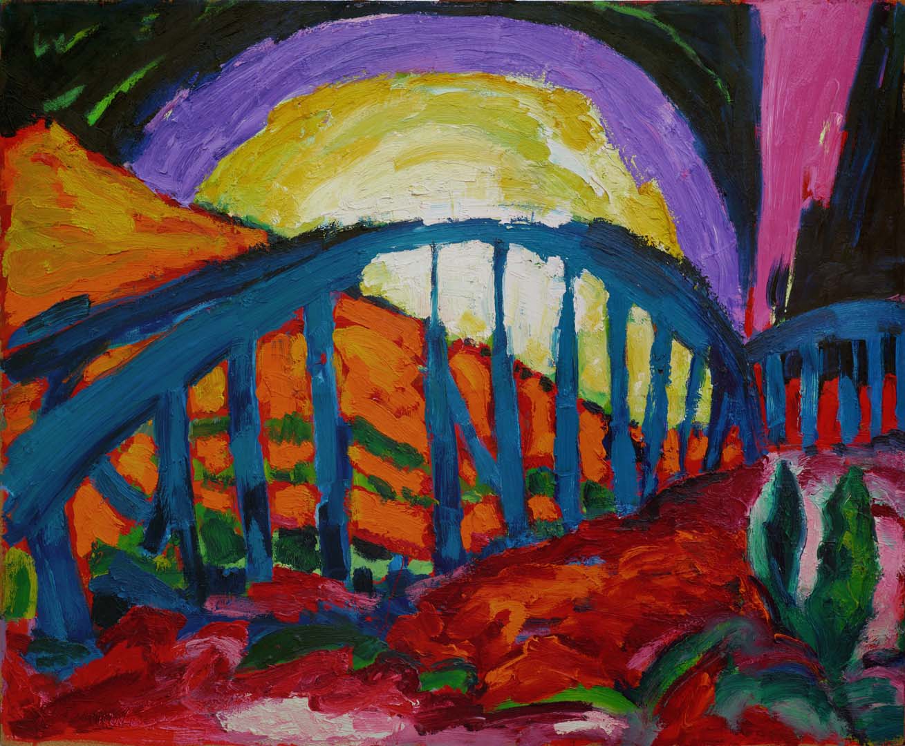 Gemälde: Blaue Brücke und Sonnenaufgang - Ölgemälde von TM Rotschönberg